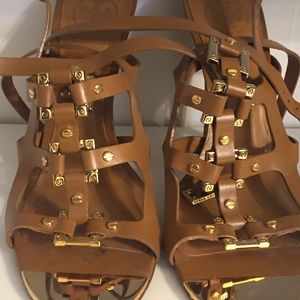 Tory Burch Gladiator Gold and Tan stilletto sandal